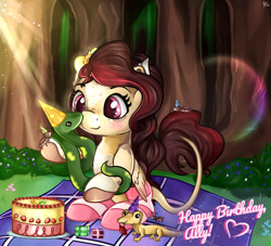 Size: 1280x1164 | Tagged: safe, artist:appleneedle, oc, cockroach, gecko, insect, pegasus, pony, snake, animal, berry, birthday, blanket, bush, cake, food, forest, patreon, picnic, present