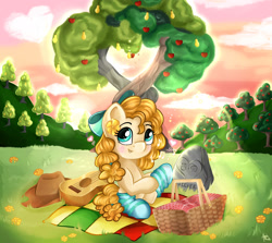 Size: 2500x2230 | Tagged: safe, artist:appleneedle, pear butter, earth pony, pony, g4, apple, apple tree, basket, clothes, cute, female, food, guitar, high res, intertwined trees, mare, musical instrument, pear tree, pearabetes, picnic basket, picnic blanket, rock, socks, solo, stockings, striped socks, thigh highs, tree