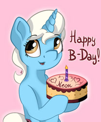 Size: 1280x1535 | Tagged: oc name needed, safe, artist:appleneedle, oc, oc only, pony, unicorn, birthday, birthday cake, birthday candle, cake, candle, eyebrows, eyebrows visible through hair, female, food, happy birthday, horn, mare, open mouth, open smile, pink background, simple background, smiling, solo, unicorn oc