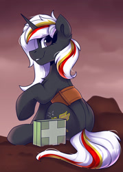 Size: 1500x2100 | Tagged: safe, artist:shadowreindeer, oc, oc only, oc:velvet remedy, pony, unicorn, fallout equestria, chest fluff, cloud, cloudy, ear fluff, female, horn, looking at you, mare, medkit, outdoors, profile, raised hoof, sitting, smiling, smiling at you, solo