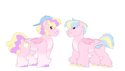 Size: 1280x732 | Tagged: safe, artist:itstechtock, oc, oc only, oc:cotton candy, oc:faisry floss, pegasus, pony, backwards ballcap, baseball cap, cap, colt, hat, magical lesbian spawn, male, offspring, parent:dizzy twister, parent:orange swirl, parent:sassaflash, parents:dizzyflash, siblings, simple background, twins, unshorn fetlocks, white background