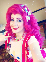 Size: 720x960 | Tagged: safe, artist:sarahndipity cosplay, pinkie pie, human, g4, clothes, cosplay, costume, irl, irl human, jewelry, necklace, peace sign, photo