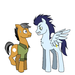 Size: 1000x1000 | Tagged: safe, artist:drawonly, quibble pants, soarin', earth pony, pegasus, pony, g4, duo, implied shipping, implied soarindash, implied straight, jealous, male, simple background, stallion, white background