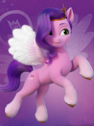 Size: 446x600 | Tagged: safe, pipp petals, pegasus, pony, g5, my little pony: a new generation, official, abstract background, fluffy, fluffy wings, solo, unshorn fetlocks, wings