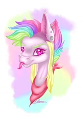 Size: 780x1142 | Tagged: safe, artist:eperyton, oc, oc only, earth pony, pony, :p, abstract background, bust, ear piercing, earring, earth pony oc, eyelashes, female, jewelry, mare, neckerchief, piercing, signature, smiling, tongue out