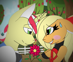 Size: 1871x1599 | Tagged: safe, artist:silenceshadowwolf, applejack, flim, earth pony, pony, g4, apple, apple tree, applejack also dresses in style, bedroom eyes, blushing, clothes, dress, eyelashes, female, floppy ears, flower, freckles, grin, hoof shoes, looking at each other, male, mare, outdoors, ship:flimjack, shipping, smiling, stallion, straight, sweat, sweatdrop, tomboy taming, tree