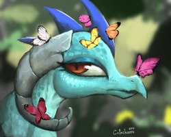 Size: 2500x2000 | Tagged: safe, artist:colochenni, princess ember, butterfly, dragon, g4, butterfly on nose, dragoness, dragonified animal photo, drawthread, female, flower, high res, horns, insect on nose, serious, solo, tree