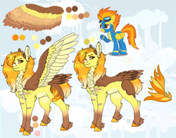 Size: 1606x1259 | Tagged: safe, artist:malinraf1615, spitfire, pegasus, pony, g4, alternate hairstyle, blaze (coat marking), chest fluff, clothes, coat markings, facial markings, female, grin, hair over one eye, leg fluff, mare, markings, one eye closed, raised hoof, redesign, reference sheet, scar, smiling, solo, spread wings, uniform, unshorn fetlocks, watermark, wings, wink, wonderbolts, wonderbolts uniform