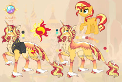 Size: 1280x864 | Tagged: safe, artist:malinraf1615, sunset shimmer, classical unicorn, pony, unicorn, g4, alternate hairstyle, blaze (coat marking), chest fluff, clothes, cloven hooves, coat markings, facial markings, female, horn, jacket, jewelry, leather jacket, leg fluff, leonine tail, mare, markings, obtrusive watermark, raised hoof, redesign, reference sheet, ring, simple background, solo, unshorn fetlocks, watermark, wedding ring, yellow background