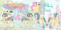 Size: 2288x1141 | Tagged: safe, artist:malinraf1615, fluttershy, bat pony, pony, g4, alternate hairstyle, bat ponified, chest fluff, ear fluff, female, flower, flower in hair, flutterbat, green background, grin, hybrid wings, leg fluff, mare, markings, race swap, redesign, reference sheet, simple background, smiling, solo, unshorn fetlocks, wings