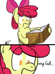 Size: 600x800 | Tagged: safe, artist:nesdoesart, apple bloom, earth pony, pony, g4, book, female, filly, solo, surprised, text