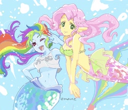 Size: 2048x1772 | Tagged: safe, artist:5mmumm5, fluttershy, rainbow dash, mermaid, equestria girls, g4, belly button, breasts, cleavage, duo, ear fins, female, fins, looking at you, mermaid tail, mermaidized, midriff, one eye closed, open mouth, open smile, smiling, smiling at you, species swap, underwater, wink