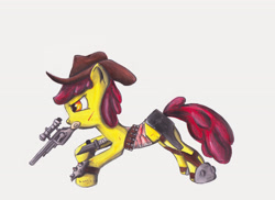 Size: 3501x2550 | Tagged: safe, artist:1vladislav, apple bloom, earth pony, pony, g4, clothes, cut, female, filly, gun, hat, high res, knife, solo, weapon