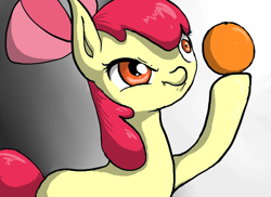 Size: 550x400 | Tagged: safe, artist:pegasistercake, apple bloom, earth pony, pony, g4, contemplating life, female, filly, food, orange, solo