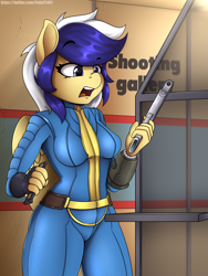 Size: 2894x3850 | Tagged: safe, artist:felixf, oc, oc only, oc:animatedpony, pegasus, anthro, fallout equestria, anthro oc, breasts, clothes, eye clipping through hair, fallout, female, gun, handgun, high res, jumpsuit, no trigger discipline, open mouth, pegasus oc, pipbuck, pistol, shooting range, solo, vault suit, weapon
