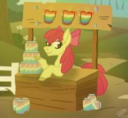 Size: 1558x1440 | Tagged: safe, artist:pinlrose, apple bloom, earth pony, pony, g4, adorabloom, apple, cute, female, filly, food, food stand, jam, jar, leaning, smiling, solo, zap apple, zap apple jam