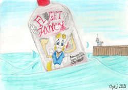 Size: 1280x894 | Tagged: safe, artist:pianoflagerag, oc, oc:flaxen smallharp, oc:guiding light, fly, insect, pony, unicorn, atg 2021, bottle, distressed, front view, looking down, lost, newbie artist training grounds, ocean, rearing, traditional art, trapped, wave