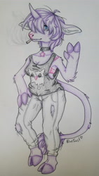Size: 2988x5312 | Tagged: safe, artist:bluet0ast, oc, oc only, oc:razzle frazzle, unicorn, anthro, cigarette, clothes, cloven hooves, female, horn, leonine tail, smoking, solo, traditional art, unicorn oc