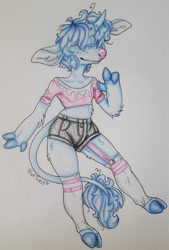 Size: 945x1400 | Tagged: safe, artist:bluet0ast, oc, oc only, oc:razzle dazzle, unicorn, anthro, unguligrade anthro, bovine oc, clothes, cloven hooves, hair over eyes, horn, male, shorts, solo, traditional art, unicorn oc, waving