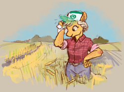 Size: 1216x908 | Tagged: safe, artist:spectralunicorn, applejack, earth pony, anthro, g4, baseball cap, cap, clothes, cottagecore, farmer, field, flannel shirt, hat, jeans, pants, rolled up sleeves, solo