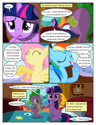 Size: 612x792 | Tagged: safe, artist:newbiespud, edit, edited screencap, screencap, fluttershy, rainbow dash, spike, twilight sparkle, dragon, pegasus, pony, unicorn, comic:friendship is dragons, g4, magical mystery cure, may the best pet win, bed, clock, comic, determined, dialogue, eyelashes, eyes closed, female, floppy ears, golden oaks library, horn, indoors, male, mare, open mouth, rain, raised hoof, sad, screencap comic, smiling, teeth, underhoof, unicorn twilight, wings
