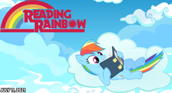 Size: 2064x1114 | Tagged: safe, artist:not-yet-a-brony, daring do, rainbow dash, pegasus, pony, g4, book, cloud, daring do book, logo, lyrics in the description, reading, reading rainbow, show reference, sky, title, youtube link in the description