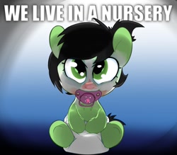 Size: 1600x1400 | Tagged: safe, artist:lazynore, oc, oc:filly anon, earth pony, pony, baby, cutie mark pacifier, diaper, face paint, female, filly, implied twilight sparkle, meme, pacifier, simple background, society, solo, text, we live in a society