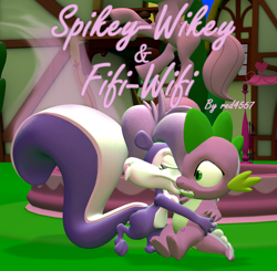 Size: 1104x1080 | Tagged: safe, artist:red4567, spike, dragon, skunk, fanfic:spikey-wikey & fifi-wifi, g4, 3d, crossover, crossover shipping, fanfic, fanfic art, fanfic cover, female, fifi la fume, interspecies, kissing, kit, link in description, male, one sided shipping, shipping, skunk stripe, source filmmaker, straight, tiny toon adventures