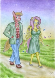 Size: 2451x3490 | Tagged: safe, artist:sinaherib, big macintosh, fluttershy, earth pony, pegasus, anthro, plantigrade anthro, g4, abs, arm behind back, beard, blushing, breasts, busty fluttershy, chest hair, clothes, dress, facial hair, female, great macintosh, high res, male, muscles, muscular male, open clothes, open shirt, ship:fluttermac, shipping, straight, straw in mouth, topless, traditional art, twilight (astronomy)
