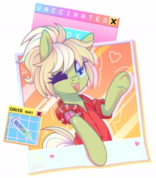 Size: 2540x2884 | Tagged: safe, artist:wavecipher, oc, oc only, oc:milli, pony, comments locked down, coronavirus, covid-19, cute, eponafest, heart, heart eyes, high res, mascot, ocbetes, solo, vaccination, wingding eyes