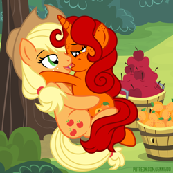 Size: 1098x1100 | Tagged: safe, artist:jennieoo, applejack, oc, oc:apricot marmalade, earth pony, pony, unicorn, g4, apple, apricot, bedroom eyes, couple, female, food, forest, freckles, french kiss, kissing, lesbian, show accurate, vector