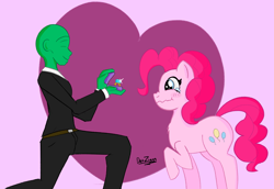 Size: 3578x2462 | Tagged: safe, artist:datzigga, pinkie pie, oc, oc:anon, earth pony, human, pony, g4, blushing, cute, diapinkes, heart, heart eyes, high res, jewelry, marriage proposal, ring, romantic, wavy mouth, wedding ring, wingding eyes