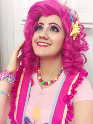 Size: 720x960 | Tagged: safe, artist:sarahndipity cosplay, pinkie pie, human, g4, clothes, cosplay, costume, irl, irl human, looking up, photo, smiling