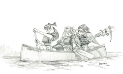 Size: 1500x905 | Tagged: safe, artist:baron engel, apple bloom, scootaloo, sweetie belle, earth pony, pegasus, snake, unicorn, anthro, g4, canoe, cutie mark crusaders, danger noodle, female, grayscale, lifejacket, monochrome, pencil drawing, traditional art, trio