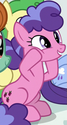 Size: 313x579 | Tagged: safe, screencap, berry blend, berry bliss, huckleberry, november rain, peppermint goldylinks, earth pony, pony, g4, marks for effort, season 8, cute, female, friendship student, hooves on cheeks, mare, solo focus
