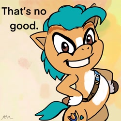 Size: 2048x2048 | Tagged: safe, artist:catscratchpaper, hitch trailblazer, earth pony, pony, g5, abstract background, adventures of sonic the hedgehog, bipedal, blaze (coat marking), chibi, coat markings, facial markings, high res, james marsden, male, pale belly, sash, smiling, socks (coat markings), sonic says, sonic the hedgehog, sonic the hedgehog (series), text, voice actor joke