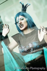 Size: 1365x2048 | Tagged: safe, artist:sarahndipity cosplay, artist:silverscotty photography, queen chrysalis, human, g4, 2017, clothes, cosplay, costume, facebook, fangs, irl, irl human, long nails, open mouth, photo