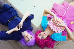 Size: 960x640 | Tagged: safe, artist:littlemissbloo, artist:sarahndipity cosplay, maud pie, pinkie pie, human, bronycon, bronycon 2015, equestria girls, g4, clothes, cosplay, costume, facebook, heart hands, irl, irl human, photo