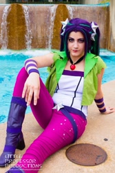 Size: 667x1000 | Tagged: safe, artist:littleprofessorproductions, artist:sarahndipity cosplay, aria blaze, human, bronycon, bronycon 2015, equestria girls, g4, boots, clothes, cosplay, costume, disguise, disguised siren, facebook, high heel boots, irl, irl human, photo, shoes, sitting