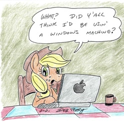 Size: 1263x1278 | Tagged: safe, artist:debmervin, applejack, earth pony, pony, g4, apple (company), colored pencil drawing, computer, laptop computer, macbook, macintosh (computer), solo, traditional art