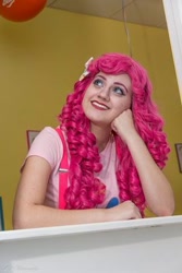 Size: 320x480 | Tagged: safe, artist:sarahndipity cosplay, pinkie pie, human, g4, clothes, cosplay, costume, irl, irl human, looking up, photo