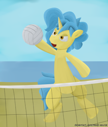 Size: 1848x2166 | Tagged: safe, artist:moon-source, oc, oc only, pony, beach, blue hair, male, solo, sports, volleyball, volleyball net, yellow coat