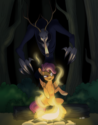 Size: 1600x2048 | Tagged: safe, artist:mushroompone, scootaloo, pegasus, pony, wendigo, fanfic:speak not this tale, g4, campfire, commission, cover art, dark, everfree forest, fanfic art, monster, night, older, older scootaloo, solo, story in the source