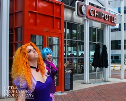 Size: 1000x800 | Tagged: safe, artist:littlemissbloo, artist:littleprofessorproductions, artist:shelbeanie, adagio dazzle, sonata dusk, human, equestria girls, g4, chipotle, clothes, cosplay, costume, disguise, disguised siren, irl, irl human, open mouth, photo