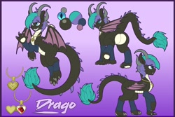 Size: 4096x2731 | Tagged: safe, artist:tatemil, oc, oc only, oc:drago, dracony, dragon, hybrid, original species, pony, claws, horns, jewelry, necklace, reference sheet