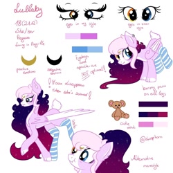 Size: 1080x1080 | Tagged: safe, artist:droopihorn, oc, oc:lullaby, pegasus, pony, clothes, ethereal mane, eyelashes, female, filly, heterochromia, mare, pegasus oc, reference sheet, simple background, socks, starry mane, striped socks, white background, wings