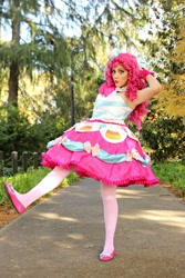 Size: 1080x1620 | Tagged: safe, artist:sarahndipity cosplay, pinkie pie, human, g4, the best night ever, clothes, cosplay, costume, dress, gala dress, irl, irl human, photo, raised leg