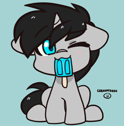 Size: 1969x2000 | Tagged: safe, artist:cottonsweets, oc, oc only, oc:cyan delta, pony, unicorn, commission, cute, floppy ears, food, male, one eye closed, popsicle, solo, ych result