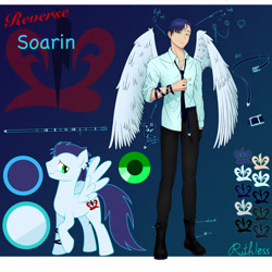 Size: 7016x7016 | Tagged: safe, artist:ruthless7, soarin', human, pony, g4, clothes, duo, humanized, male, pants, raised hoof, reference sheet, stallion, story included, winged humanization, wings