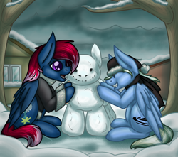 Size: 1700x1500 | Tagged: safe, artist:jane-ander, oc, oc only, oc:snap roll, oc:tailwind, pegasus, pony, clothes, commission, female, mare, scarf, snowman, winter, ych result